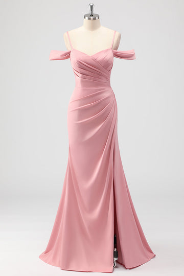 Blush Sheath Cold Shoulder Satin Long Bridesmaid Dress